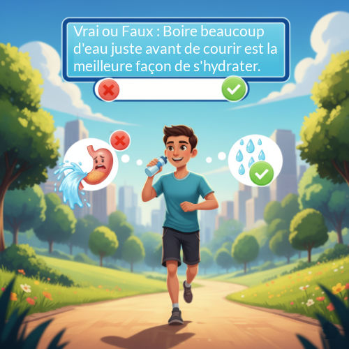 Vrai ou Faux : Boire beaucoup d'eau juste avant de courir est la meilleure faon de s'hydrater. 