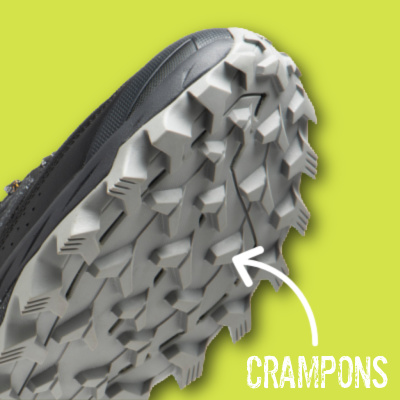 Crampons bien prononcs sur chaussures de trail