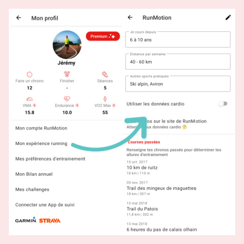 Mon profil de runner dans l'application Run Motion