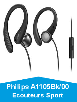 Philips Audio A1105Bk/00 Casque avec Micro, Écouteurs Sport (Arceaux Flexible, Ouverture pour Les Basses, Résistant à la Transpiration Ipx2, Télécommande en Ligne) Noir
