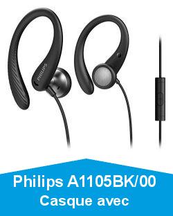 Philips A1105BK/00 Casque avec Micro, Écouteurs Sport (Arceau Flexible, Ouverture pour Les Basses, Résistant à la Transpiration IPX2, Télécommande en Ligne) Noir - Modèle 2020/2021